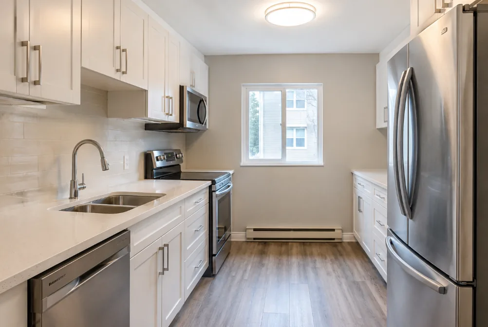 Completed galley kitchen with white shaker cabinets, pale countertops and stainless appliances