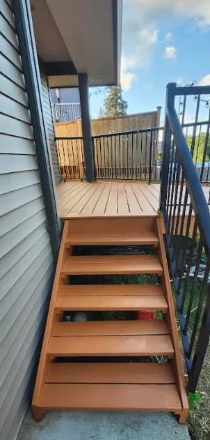 Deck after restoration: rebuilt stairs and stained decking beside the house