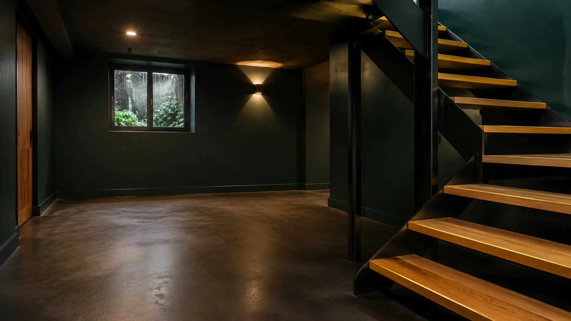 Decorative background: a lower-level room with warm light, wood stairs and stone walls