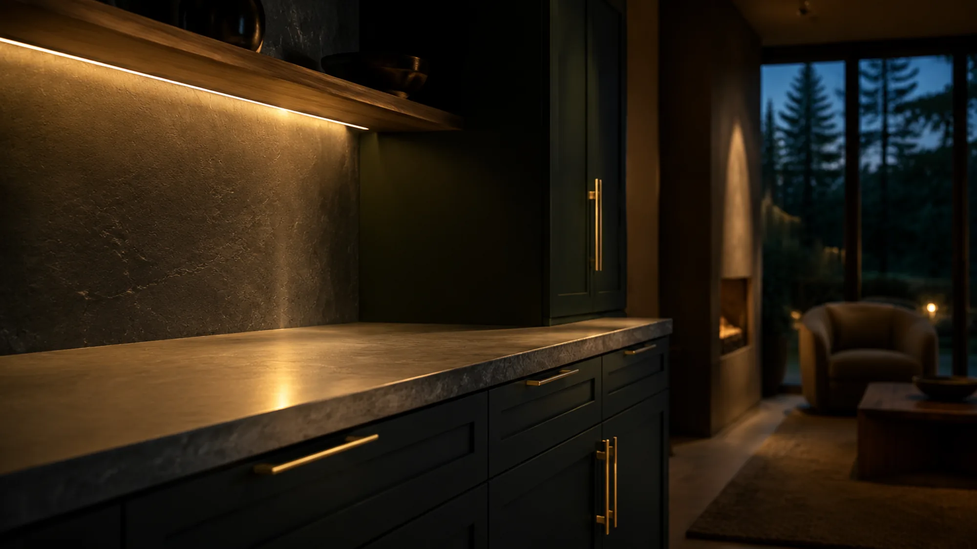 Decorative background: a dark interior with warm light across wood cabinetry and stone