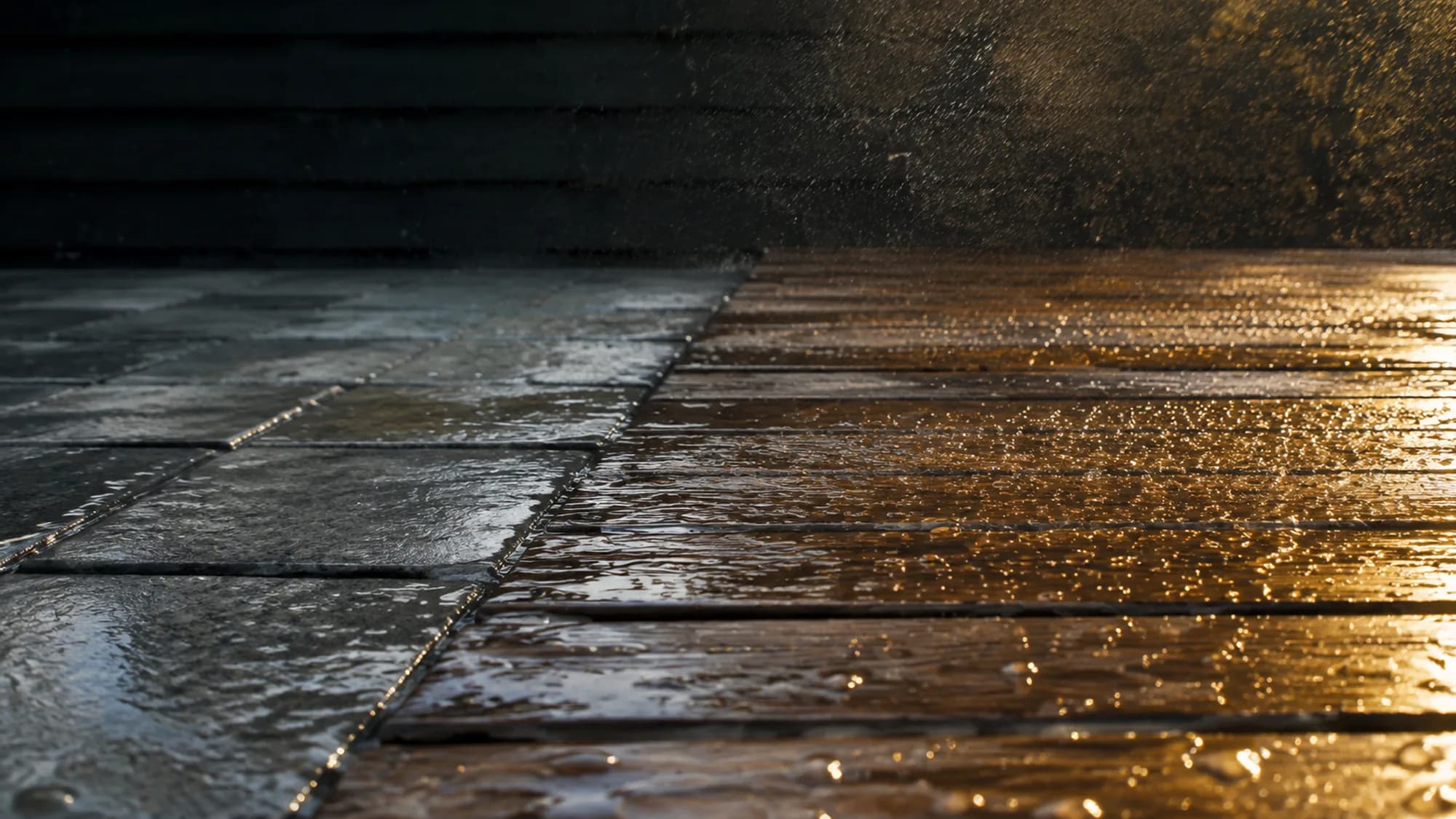 Decorative background: wet cedar decking and stone paving with water beading on the surface