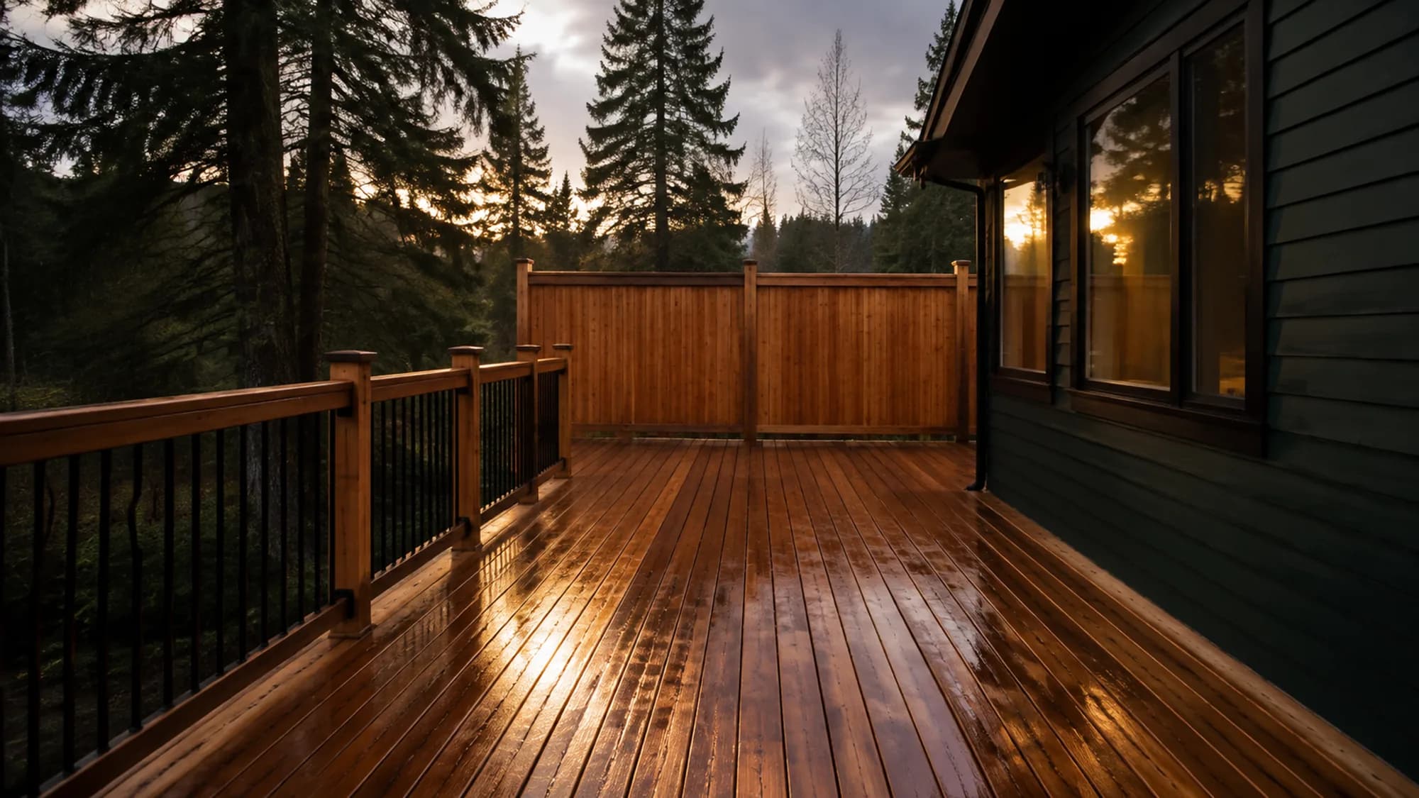 Decorative background: a cedar deck and fence detail under warm evening light